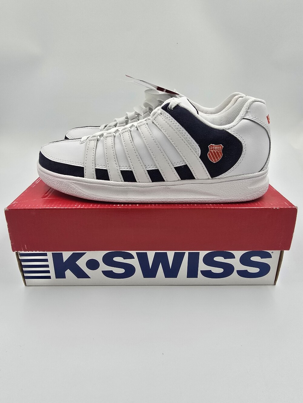 K-Swiss White and Navy Retro Striped Low-Top Sneaker Size 6